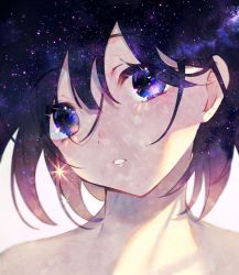 Rule 34 | achiki, androgynous, bad id, bad twitter id, bare shoulders, character request, close-up, commentary request, copyright request, gender request, hair between eyes, head tilt, looking at viewer, parted lips, portrait, purple eyes, purple hair, short hair, simple background, solo, sparkle, white background
