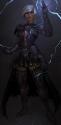 Rule 34 | 1girl, absurdres, armor, black skirt, boots, breastplate, closed mouth, commentary, commission, copyright request, dark-skinned female, dark skin, earrings, electricity, english commentary, faulds, final fantasy, final fantasy xiv, full body, gauntlets, greaves, hand up, highres, jewelry, looking at viewer, matilda fiship, armored boots, miniskirt, pauldrons, pleated skirt, red eyes, short hair, shoulder armor, skirt, smile, solo, thigh boots, thighhighs, waist cape, warrior of light (ff14), white hair