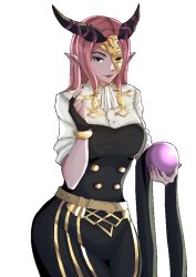 Rule 34 | 1girl, arm up, breasts, cosplay, crystal ball, fingerless gloves, fire emblem, fire emblem: three houses, fire emblem echoes: shadows of valentia, garreg mach monastery uniform, gloves, hilda (fire emblem) (cosplay), hilda valentine goneril, horns, lipstick, looking at viewer, makeup, mask over one eye, nail polish, nintendo, nuibaba, pointy ears, purple hair, villager c, white background