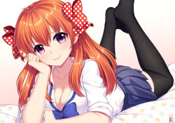 Rule 34 | 1girl, alternate breast size, black thighhighs, blue bow, blue bowtie, blue skirt, blush, bow, bowtie, breasts, cleavage, closed mouth, collared shirt, commentary, dated, food print, full body, gekkan shoujo nozaki-kun, gradient background, hair between eyes, hair bow, hand on own cheek, hand on own face, head rest, legs up, light brown background, long hair, looking at viewer, lying, on stomach, orange hair, pleated skirt, polka dot, polka dot bow, purple eyes, sakura chiyo, school uniform, shirt, skirt, smile, solo, sparkle, thighhighs, zerg309