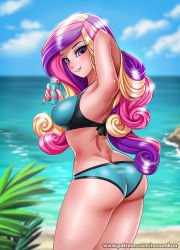Rule 34 | 1girl, armpits, ass, bare shoulders, bikini, blonde hair, blush, breasts, butt crack, cadance (my little pony), from behind, long hair, looking at viewer, multicolored hair, my little pony, my little pony: friendship is magic, nail polish, parted lips, personification, pink hair, purple eyes, purple hair, racoonkun, shiny skin, sideboob, smile, solo, swimsuit, very long hair