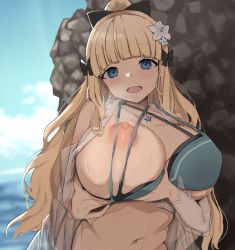 Rule 34 | 1girl, beach, bikini, bikini pull, blonde hair, blue eyes, blunt bangs, bow, breast lift, breasts, clothes pull, collarbone, criss-cross halter, flower, hair bow, hair flower, hair ornament, halterneck, highres, huge breasts, layered bikini, long hair, looking at viewer, navel, niizuka (c-drop), nipples, one breast out, open mouth, ponytail, princess connect!, rock, saren (princess connect!), saren (summer) (princess connect!), sidelocks, smile, strap gap, swimsuit, tareme, upper body, wet