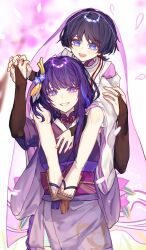 Rule 34 | 1boy, 1girl, absurdres, baibaige1108, blue eyes, blue hair, blunt bangs, blurry, blurry background, carrying, cherry blossoms, dark blue hair, falling petals, genshin impact, hair ornament, happy, highres, holding, holding hands, japanese clothes, light blush, long hair, mole, mole under eye, mother and son, open mouth, outdoors, petals, piggyback, purple eyes, purple hair, raiden shogun, scaramouche (genshin impact), scaramouche (kabukimono) (genshin impact), smile