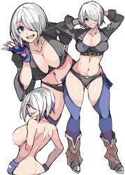 Rule 34 | 1girl, absurdres, angel (kof), ass, blue eyes, boots, breasts, cleavage, cowboy boots, duplicate, enpe, gloves, hair over one eye, highres, jacket, large breasts, looking at viewer, open mouth, panties, sideboob, simple background, smile, the king of fighters, underwear, white background, white hair