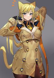 Rule 34 | 1girl, animal ears, ashiomi masato, blonde hair, blue eyes, brown pantyhose, cat day, cat ears, cat tail, coat, commentary request, fingerless gloves, gloves, guilty gear, guilty gear strive, highres, long hair, millia rage, no headwear, pantyhose, solo, tail, twitter username, watermark