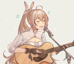 Rule 34 | 1girl, bow, brown hair, feather hair ornament, feathers, gloves, guitar, hair ornament, highres, hololive, hololive english, instrument, long hair, microphone, multicolored hair, music, nanashi mumei, ponytail, shirt, singing, solo, streaked hair, very long hair, virtual youtuber, yukari (bryleluansing)
