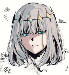 Rule 34 | 1boy, blue eyes, closed mouth, fate/grand order, fate (series), fur trim, grey hair, hair between eyes, highres, looking at viewer, male focus, oberon (fate), portrait, signature, simple background, sofra, solo, translation request, twitter username, white background
