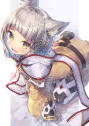 Rule 34 | 1girl, :d, all fours, animal ear fluff, animal ears, bed sheet, blunt bangs, bodysuit, cat ears, commentary request, facial mark, fang, gloves, grey hair, highres, long sleeves, looking at viewer, nia (xenoblade), open mouth, puffy long sleeves, puffy sleeves, short hair, simple background, sleeves past wrists, smile, solo, topia, white background, white gloves, xenoblade chronicles (series), xenoblade chronicles 2, yellow bodysuit, yellow eyes
