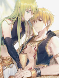 Rule 34 | 1boy, 1other, abs, androgynous, armlet, bare pectorals, bare shoulders, blonde hair, bodypaint, bracelet, cup, drinking glass, earrings, elbow gloves, enkidu (fate), fate/grand order, fate/strange fake, fate (series), gilgamesh (fate), gloves, gold trim, green eyes, green hair, hand on another&#039;s shoulder, highres, jewelry, long hair, looking afar, looking at another, navel, necklace, official alternate costume, pectorals, qingshui ai, red eyes, short hair, sitting, smile, upper body, wine glass