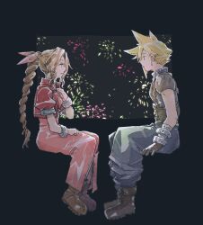 Rule 34 | 1boy, 1girl, aerith gainsborough, armor, baggy pants, bandaged arm, bandages, bangle, belt, black background, blonde hair, blue pants, blue shirt, boots, bracelet, braid, braided ponytail, breasts, brown belt, brown footwear, brown gloves, brown hair, center opening, cloud strife, couple, cropped jacket, dress, final fantasy, final fantasy vii, fireworks, full body, gloves, gondola, hair ribbon, hand on own chest, hetero, jacket, jewelry, long dress, long hair, looking at another, medium breasts, michibata 65, pants, parted bangs, parted lips, pink dress, pink ribbon, puffy short sleeves, puffy sleeves, red jacket, ribbon, shirt, short hair, short sleeves, shoulder armor, sidelocks, single braid, single shoulder pad, sitting, sleeveless, sleeveless turtleneck, spiked hair, suspenders, turtleneck, wavy hair, window