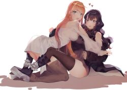Rule 34 | 2girls, absurdres, black dress, black eyes, black footwear, black hair, black thighhighs, blue eyes, boots, closed mouth, clothing cutout, commentary request, dress, final fantasy, final fantasy xiv, fishnet thighhighs, fishnets, gaia (ff14), heart, highres, hyur, long hair, long sleeves, looking at viewer, multiple girls, open mouth, orange hair, ryne waters, shoulder blades, shoulder cutout, skindentation, surprised, thigh boots, thighhighs, white background, white dress, xiongshouji, yuri
