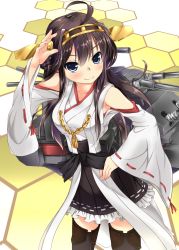 Rule 34 | 10s, 1girl, ahoge, blue eyes, blush, brown hair, frilled skirt, frills, hairband, hand on own hip, headgear, highres, honeycomb background, honeycomb pattern, japanese clothes, kantai collection, kongou (kancolle), long hair, personification, ribbon-trimmed sleeves, ribbon trim, shika, skirt, smile, solo, thighhighs, wide sleeves, zettai ryouiki