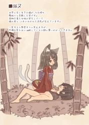 Rule 34 | 1boy, 1girl, animal ear fluff, animal ears, bamboo, bamboo forest, barefoot, black hair, black shirt, bottomless, brown eyes, cat ears, cat tail, clothed sex, commentary request, cowgirl position, forest, girl on top, hands on another&#039;s chest, hetero, japanese clothes, kemomimieki, kimono, lying, moaning, multiple tails, nature, nekomata, obi, on back, open mouth, original, outdoors, red kimono, sash, sex, shirt, short hair, short kimono, straddling, tail, translation request, tree, two tails