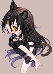 Rule 34 | 1girl, animal ears, arknights, ass, black choker, black hair, black shorts, blush, brown background, cat ears, cat girl, cat tail, choker, collar, dagda (arknights), earrings, extra ears, from above, green eyes, hair between eyes, highres, jewelry, kochiya (gothope), long hair, looking at viewer, shorts, slit pupils, solo, studded collar, tail