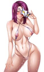 Rule 34 | 00s, 1girl, blush, breasts, cameltoe, covered erect nipples, cum, cum in pussy, cumdrip, female focus, highres, kagami hirotaka, koukawa oboro, large breasts, lilith-soft, linea alba, mask, navel, nipples, oboro (taimanin asagi), purple eyes, purple hair, pussy juice, pussy juice drip through clothes, see-through, solo, standing, swimsuit, taimanin (series), taimanin asagi, taimanin asagi kessen arena, transparent background