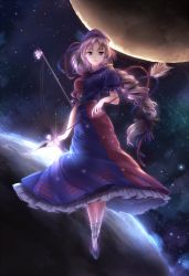Rule 34 | 1girl, arrow (projectile), blue eyes, bow (weapon), braid, constellation, earth (planet), hat, highres, long hair, looking at viewer, minust, moon, nurse cap, silver hair, solo, space, touhou, trigram, weapon, yagokoro eirin