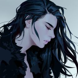 Rule 34 | 1girl, bad id, bad instagram id, black hair, closed eyes, dongho kang, floating hair, from side, fur-trimmed jacket, fur trim, gradient background, grey background, jacket, lips, long hair, original, parted lips, portrait, profile, realistic, solo