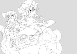 Rule 34 | 2girls, female focus, greyscale, hat, monochrome, multiple girls, saigyouji yuyuko, simple background, sword, t-ray, touhou, weapon, yakumo yukari