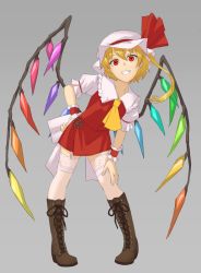 Rule 34 | 1girl, ascot, asymmetrical hair, blonde hair, boots, bow, crystal, flandre scarlet, full body, garter straps, grey background, hat, hat bow, kurione (zassou), looking at viewer, mob cap, puffy sleeves, red eyes, shirt, short hair, short sleeves, side ponytail, simple background, skirt, skirt set, smile, solo, teeth, thighhighs, touhou, vest, white thighhighs, wings, wrist cuffs, zettai ryouiki
