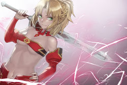 Rule 34 | 1girl, aito, bare shoulders, blonde hair, braid, breasts, cleavage, commentary request, detached collar, detached sleeves, energy, fang, fang out, fate/grand order, fate (series), highres, holding, holding sword, holding weapon, long hair, medium breasts, mordred (fate), mordred (fate/apocrypha), navel, ponytail, red sleeves, simple background, smile, solo, sword, weapon