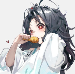 Rule 34 | 1girl, ahoge, bandaid, bandaid on face, bandaid on nose, black hair, c-ms (the wonderful adventures of goose) (girls&#039; frontline), character request, chicken (food), chicken leg, copyright request, eating, food, food on face, forehead, fried chicken, girls&#039; frontline, grey background, heart, highres, holding, holding food, jacket, long hair, looking at viewer, lower teeth only, open mouth, red eyes, simple background, sleeves past wrists, solo, strap, teeth, timitarcat, upper body, upper teeth only, white jacket
