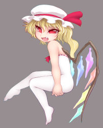 Rule 34 | 1girl, bare shoulders, blonde hair, fang, female focus, flandre scarlet, grey background, hat, hat ribbon, highres, noise (lesion949), open mouth, red eyes, ribbon, short hair, side ponytail, simple background, smile, solo, touhou, white legwear, wings