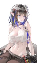 Rule 34 | 1girl, absurdres, arknights, bare arms, bare shoulders, black hair, black pants, blue eyes, blue hair, breasts, camisole, cleavage, crop top, crop top overhang, eunectes (arknights), eunectes (forgemaster) (arknights), highres, large breasts, midriff, multicolored hair, navel, official alternate costume, pants, pointy ears, qiangjitong, qiangjitong, short hair, simple background, sitting, solo, spaghetti strap, stomach, white background