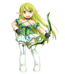 Rule 34 | 1girl, armband, bare shoulders, black gloves, blonde hair, boots, bow (weapon), breasts, chibi, collar, elf, elsword, fingerless gloves, gloves, green eyes, green hair, hand on own hip, kasuga yukihito, long hair, matching hair/eyes, pleated skirt, pointy ears, ranger (elsword), rena erindel, revision, skirt, small breasts, smile, solo, thigh boots, thighhighs, weapon, wrist cuffs