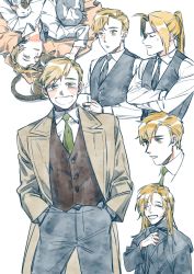 Rule 34 | 1013 1014rt, 2boys, :o, ^ ^, ahoge, alphonse elric, animal, beige coat, black coat, black neckwear, black pants, black vest, blanket, blonde hair, blush, blush stickers, brothers, brown vest, cat, cheekbones, clenched teeth, closed eyes, clothes grab, coat, collarbone, collared shirt, colored eyelashes, cropped shoulders, cropped torso, crossed arms, cup, dress shirt, edward elric, expressionless, eyelashes, facing viewer, frown, fullmetal alchemist, green neckwear, hands in pockets, happy, head back, high ponytail, highres, holding, holding cup, long hair, looking afar, lying, male focus, messy hair, mug, multiple boys, multiple views, necktie, nervous, on back, pants, parted lips, partially unbuttoned, ponytail, profile, shaded face, shirt, siblings, side-by-side, simple background, skinny, sleeping, smile, straight hair, sweatdrop, tareme, teeth, upper body, upside-down, vest, white background, white shirt, yellow eyes