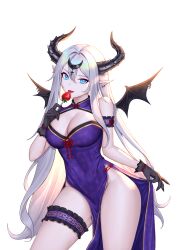 Rule 34 | 1girl, absurdres, arm garter, bare shoulders, black gloves, blue eyes, breasts, candy, character request, cleavage, cleavage cutout, clothing cutout, commentary, commission, contrapposto, copyright request, cowboy shot, demon girl, demon wings, dress, earrings, fingernails, food, gloves, gold trim, grey hair, hair between eyes, headpiece, highres, horns, jewelry, large breasts, licking, lollipop, long fingernails, long hair, looking at viewer, mini wings, no panties, pelvic curtain, pointy ears, purple dress, sharp fingernails, side slit, simple background, siun, sleeveless, sleeveless dress, smile, solo, thigh strap, thighs, white background, wing ornament, wings