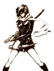 Rule 34 | 1girl, blade, dogs: bullets &amp; carnage, fuyumine naoto, kawakami shuuichi, knife, monochrome, scarf, shu (artist), solo, sword, weapon