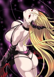 Rule 34 | 1girl, ass, blonde hair, blush, breasts, butt crack, claws, floating hair, from behind, game cg, highres, horns, large breasts, legs, legs together, long hair, looking up, nuko majin, parted lips, red eyes, revealing clothes, simple background, solo, standing, tearju lunatique, thighs, to love-ru, to love-ru darkness