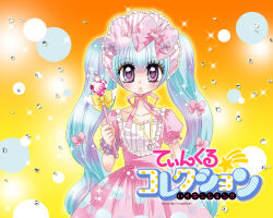 1girl 2000s_(style) archived_source blue_hair blush bonnet bow character_request copyright_name dress heart heart_necklace jewelry lolita_fashion long_hair looking_at_viewer magical_girl neck_ribbon necklace official_art official_wallpaper pink_dress purple_eyes ribbon solo sweet_lolita third-party_source tinkle_collection twintails very_long_hair wao_akira