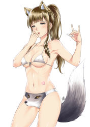 Rule 34 | 1futa, animal ears, armpits, bad id, bad pixiv id, bikini, blunt bangs, breasts, brown eyes, brown hair, bulge, collarbone, condom, covered erect nipples, cowboy shot, drill hair, erection, erection under clothes, fox shadow puppet, futanari, gesture, gluteal fold, highres, holding, holding condom, medium breasts, micro bikini, navel, newhalf, original, penis, ponytail, print swimsuit, sidelocks, solo, stomach, sweat, swimsuit, tail, twin drills, wolf ears, wolf tail, xter