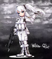 Rule 34 | 1girl, armored core, armored core: for answer, bayonet, blue eyes, cloud, female focus, from software, full body, gloves, grey background, gun, mecha musume, nekohige, outdoors, rifle, sky, solo, standing, twintails, weapon, white glint