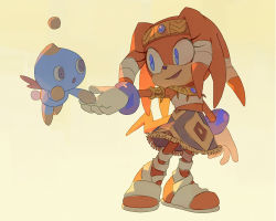Rule 34 | 1girl, animal nose, armlet, blue eyes, bluekomadori, bracelet, chao (sonic), commentary, english commentary, full body, furry, furry female, gloves, jewelry, open mouth, sandals, skirt, smile, sonic (series), standing, tiara, tikal the echidna, white gloves