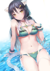 Rule 34 | 1girl, animal ears, arm support, bare shoulders, bikini, black hair, breasts, choker, cleavage, frilled bikini, frills, green bikini, hair ornament, hairclip, jewelry, large breasts, long hair, looking at viewer, low twintails, mizuya nao, navel, necklace, princess connect!, princess connect!, shiori (princess connect!), side-tie bikini bottom, sitting, smile, solo, stomach, swimsuit, tail, thigh strap, thighs, tiger ears, tiger girl, tiger tail, twintails, water, wet, white background, white choker, wrist cuffs, yellow eyes