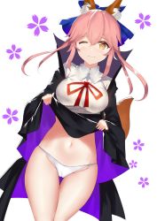 Rule 34 | 10s, 1girl, animal ear fluff, animal ears, bb (fate), bb (fate) (cosplay), bb (fate/extra), black jacket, black skirt, blue bow, blush, bow, breasts, brown eyes, cameltoe, clothes lift, collared shirt, commentary request, cosplay, dutch angle, fate/extra, fate/extra ccc, fate (series), fox ears, fox girl, fox tail, groin, hair between eyes, hair bow, jacket, large breasts, lifted by self, long hair, long sleeves, looking at viewer, moruchi (rinaka moruchi), navel, one eye closed, open clothes, open jacket, panties, pink hair, red ribbon, ribbon, shirt, skirt, skirt lift, sleeves past wrists, solo, tail, tamamo (fate), tamamo no mae (fate/extra), thigh gap, underwear, white background, white panties, white shirt, wide sleeves