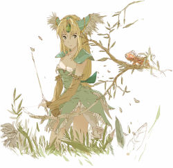 Rule 34 | 1girl, armor, arrow (projectile), blonde hair, bow, bow (weapon), branch, breasts, cleavage, holding, holding bow (weapon), holding weapon, leaf, long hair, low-tied long hair, pauldrons, riesz, seiken densetsu, seiken densetsu 3, shoulder armor, simple background, solo, standing, uki atsuya, weapon, white background