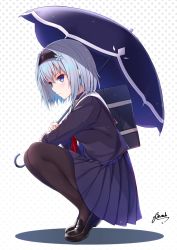 Rule 34 | 10s, 1girl, absurdres, bag, bee doushi, black footwear, black hairband, black pantyhose, blue eyes, blush, closed mouth, copyright request, eyelashes, eyeshadow, finger gun, from side, full body, gradient background, hair ornament, hairband, highres, holding, holding umbrella, legs together, loafers, long sleeves, looking down, makeup, medium skirt, neckerchief, pantyhose, pleated skirt, polka dot, polka dot background, purple shirt, purple skirt, red neckerchief, ryuuou no oshigoto!, sailor collar, school bag, shirt, shoes, short hair, signature, silver hair, skirt, snowflake hair ornament, solo, sora ginko, squatting, tiptoes, umbrella, white sailor collar