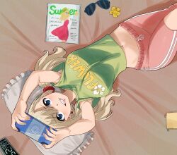 Rule 34 | 1girl, blonde hair, blue eyes, breasts, colorized, earrings, eden&#039;s zero, gaston18, highres, jewelry, large breasts, lying, mashima hiro, midriff, navel, pillow, rebecca bluegarden, twintails