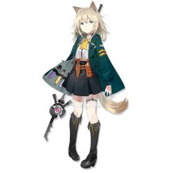 Rule 34 | 1girl, animal ears, arknights, belt, black footwear, black skirt, boots, dog ears, dog tail, full body, green jacket, grey eyes, hair between eyes, jacket, knee boots, long sleeves, looking at viewer, medium hair, miniskirt, neck ribbon, official art, open clothes, open jacket, pigeon-toed, pleated skirt, podenco (arknights), ribbon, see-through, shirt, silver hair, skirt, smile, solo, staff, standing, sutorora, tachi-e, tail, test tube, thigh strap, transparent background, utility belt, vial, white shirt, yellow ribbon