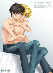 Rule 34 | 2boys, arm grab, artist request, bare shoulders, bed, black eyes, black hair, blonde hair, blue eyes, cheek-to-cheek, from behind, glasses, hair over one eye, hand on another&#039;s shoulder, heads together, hug, hug from behind, imminent kiss, male focus, multiple boys, ootori kyouya, ouran high school host club, pants, short hair, sitting, smile, source request, suou tamaki, tagme, topless male, yaoi