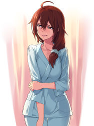 Rule 34 | 1girl, ahoge, brown eyes, brown hair, holding own arm, hospital gown, isshiki mashiro, long hair, looking away, michairu, open mouth, pajamas, ponytail, scrunchie, shorts, solo, tears, vividred operation