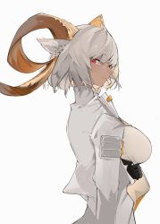 Rule 34 | 1girl, animal ears, arknights, arm under breasts, black gloves, breasts, carnelian (arknights), closed mouth, coat, dark-skinned female, dark skin, from side, gloves, goat ears, goat girl, goat horns, highres, horns, large breasts, long sleeves, looking at viewer, looking to the side, mikozin, open clothes, open coat, red eyes, shirt, short hair, silver hair, simple background, smile, solo, upper body, white background, white coat, white shirt