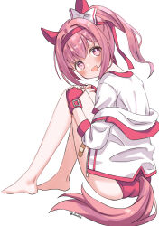 Rule 34 | 1girl, :d, animal ears, bandaid on thigh, bare legs, barefoot, bow, buruma, cherry blossoms, clothing cutout, commentary, ear covers, eluthel, feet, fingerless gloves, gloves, gym uniform, hair between eyes, hair bow, hair ribbon, hairband, hands on own knees, haru urara (umamusume), highres, horse ears, horse girl, horse tail, jacket, legs, long hair, long sleeves, looking at viewer, looking back, off shoulder, open clothes, open jacket, open mouth, pink eyes, pink hair, ponytail, red buruma, red gloves, red ribbon, ribbon, shirt, short sleeves, sidelocks, simple background, smile, solo, symbol-shaped pupils, tail, tail through clothes, twitter username, umamusume, white background, white bow, white jacket, white shirt