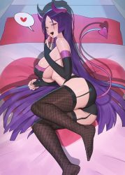 Rule 34 | 1girl, absurdres, ass, bare shoulders, bikini, black bikini, black thighhighs, breasts, costume, demon girl, demon horns, demon tail, fate/grand order, fate (series), fishnet thighhighs, fishnets, highres, hood (james x), horns, large breasts, legs, long hair, looking at viewer, lying, minamoto no raikou (fate), on side, open mouth, parted bangs, purple eyes, purple hair, smile, solo, swimsuit, tail, thighhighs, very long hair