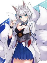 Rule 34 | 1girl, \m/, animal ears, azur lane, blue eyes, blue nails, breasts, cleavage, eyeliner, fox ears, fox shadow puppet, fox tail, japanese clothes, kaga (azur lane), kimono, kirisato itsuki, large breasts, looking at viewer, makeup, multiple tails, nail polish, parted lips, pleated skirt, short hair, silver hair, skirt, smile, solo, tail