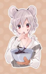 Rule 34 | 1girl, :p, akagashi hagane, animal, animal ears, animal on shoulder, blush, bowl, brown background, brown gloves, chocolate, cropped torso, dress, food, food on face, gloves, grey dress, grey hair, hair between eyes, hand up, holding, holding bowl, jewelry, licking, licking finger, long sleeves, looking at viewer, mixing bowl, mouse (animal), mouse ears, nazrin, off shoulder, outline, pendant, pinafore dress, polka dot, red eyes, short hair, single glove, sleeveless, sleeveless dress, solo, sweater, tongue, tongue out, touhou, upper body, white outline, white sweater