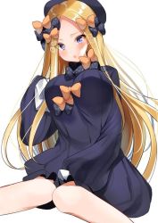 Rule 34 | 1girl, abigail williams (fate), aged up, alternate breast size, bad id, bad pixiv id, black bow, black dress, black headwear, blonde hair, blue eyes, blush, bow, breasts, dress, fate/grand order, fate (series), forehead, hair bow, large breasts, long hair, long sleeves, looking at viewer, multiple hair bows, nenobi (nenorium), open mouth, orange bow, parted bangs, sleeves past fingers, sleeves past wrists, solo